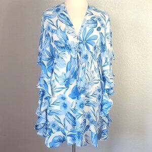 Kori  M/L Swim Cover Up White Blue Florals front Tie Kaftan